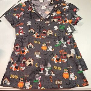 NWT Dickies‎ Halloween Scrub Top Women's Medical Veterinary  Dogs Cats XS DK709
